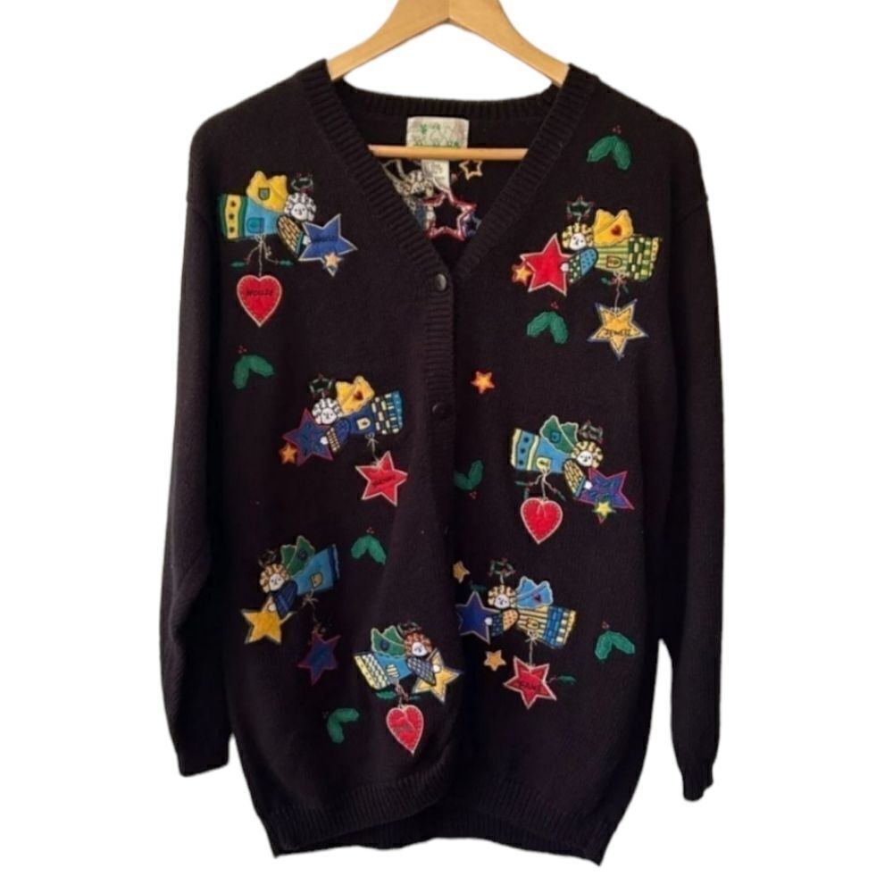 Quacker Factory Cardigan Womens Size Medium Black Knit‎ Sweater Angels Miracles